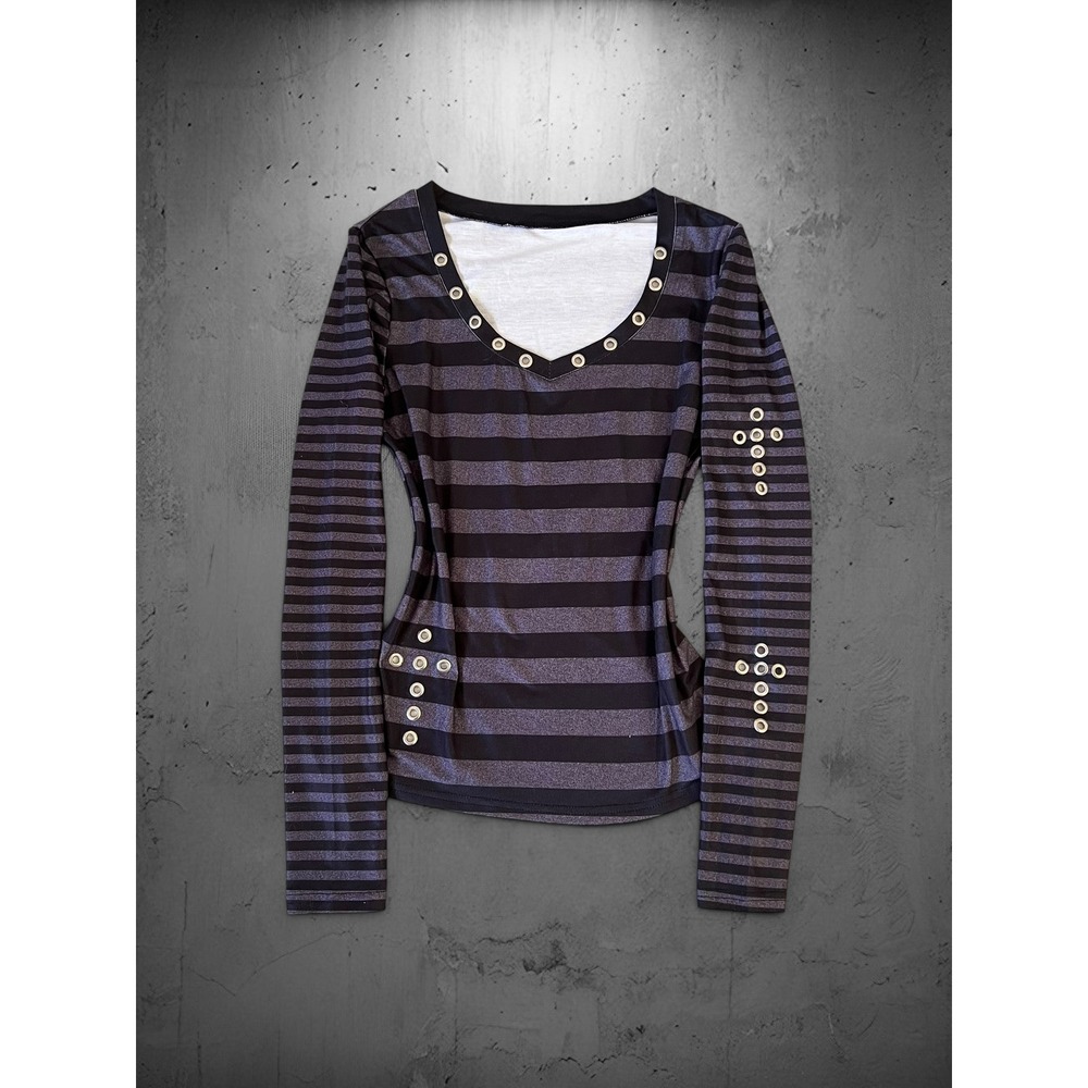 Handmade Grommet Cross Striped Long Sleeve Top S/M Black Grey Grunge Emo Punk